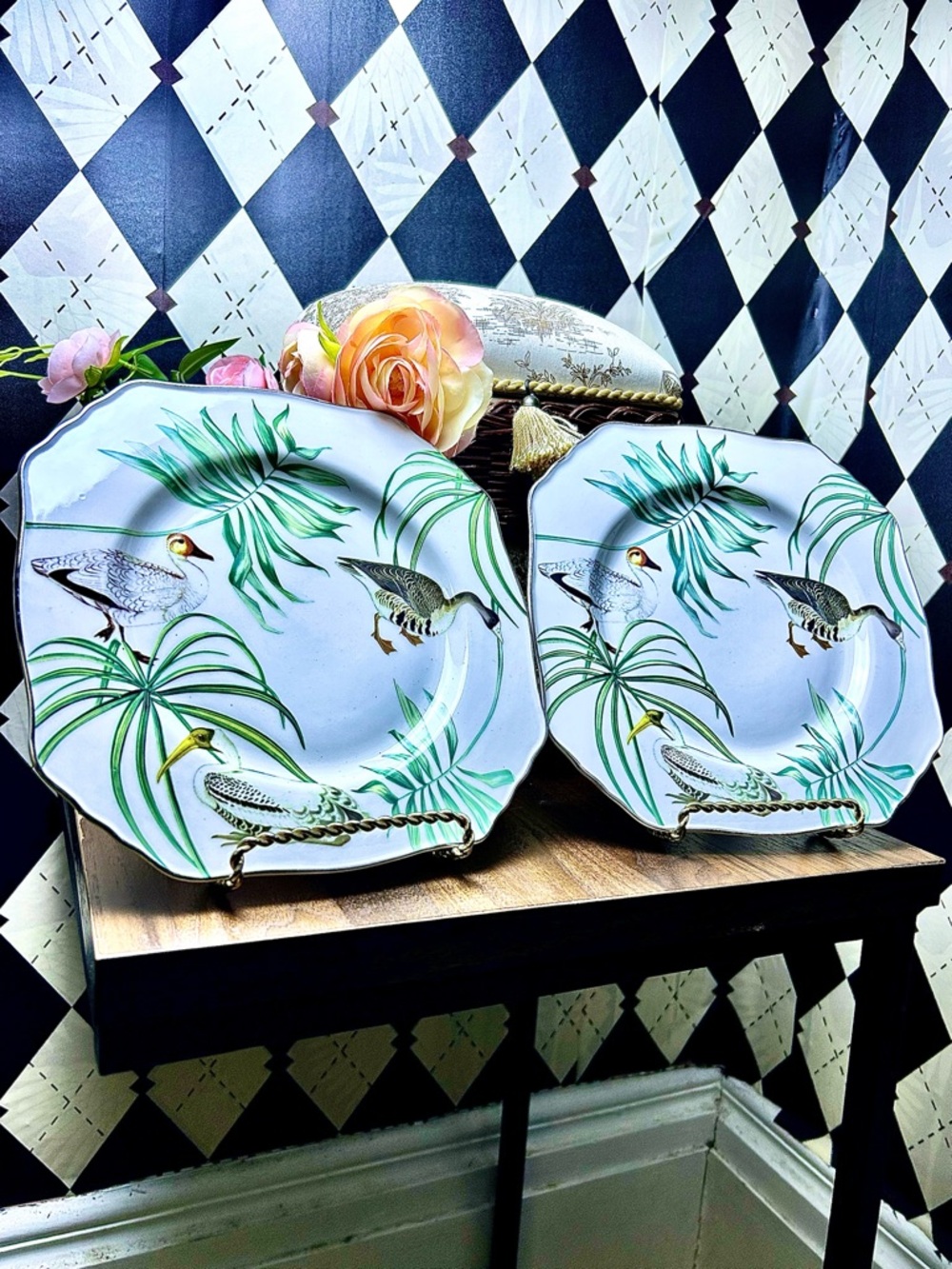 Vintage Tropical Palm & Mallard Porcelain Plates – Octagonal Decorative Pair - Picture 7 of 10
